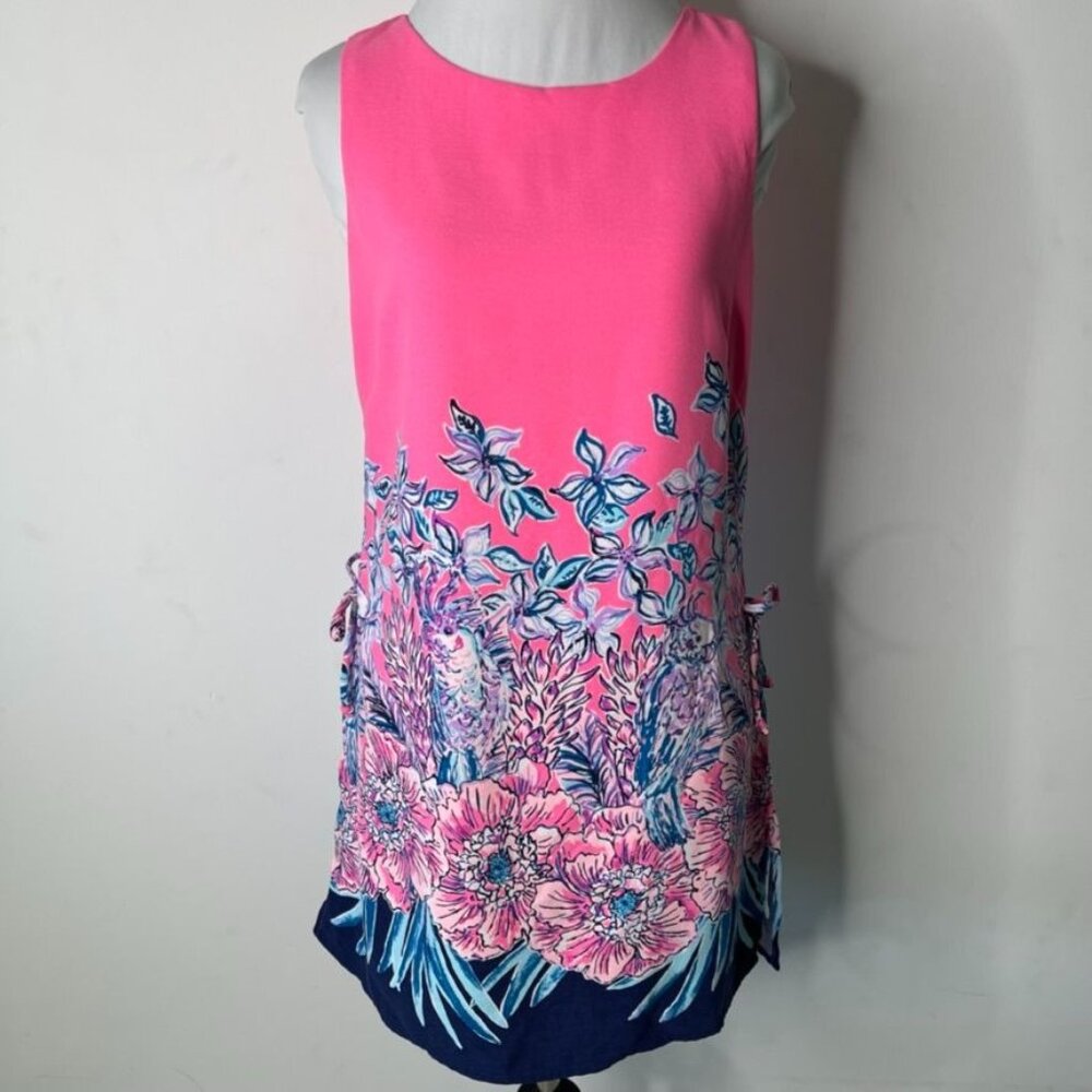 Lilly Pulitzer Donna Romper Pink Tropics Lucky Lady Parrot Blue Floral Size 2